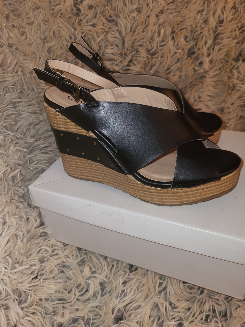 Coconuts by Matisse Black Crisscross Wedge Sandals with Tan Platform